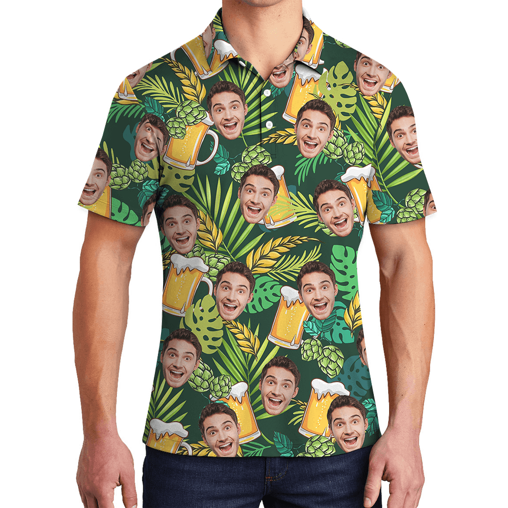 Custom Face Green Tropical Beer Hawaiian Polo Shirt