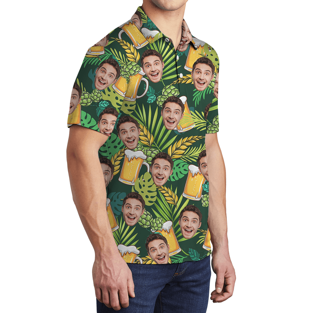 Custom Face Green Tropical Beer Hawaiian Polo Shirt