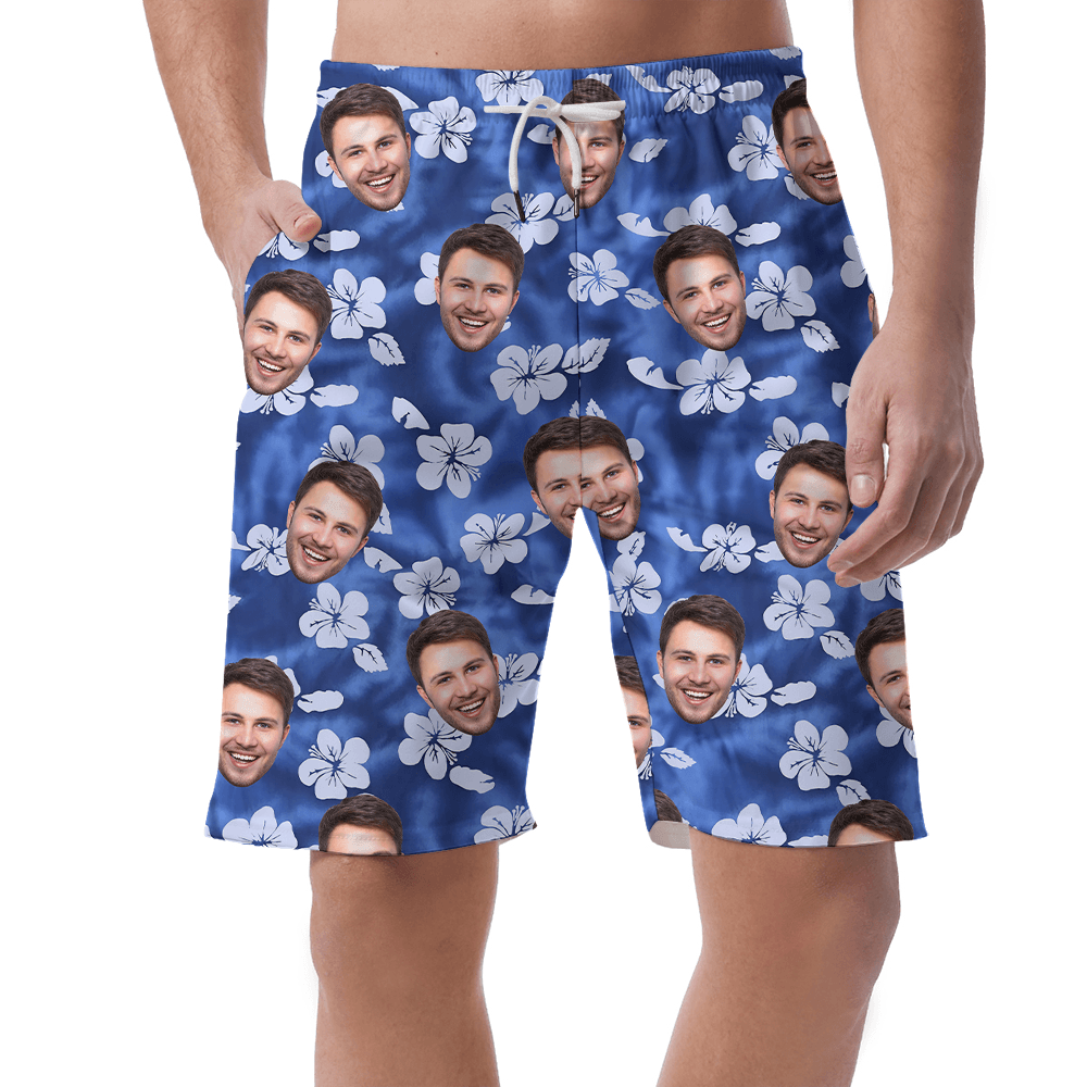 Custom Face Hibiscus Blue Hawaiian Beach Shorts