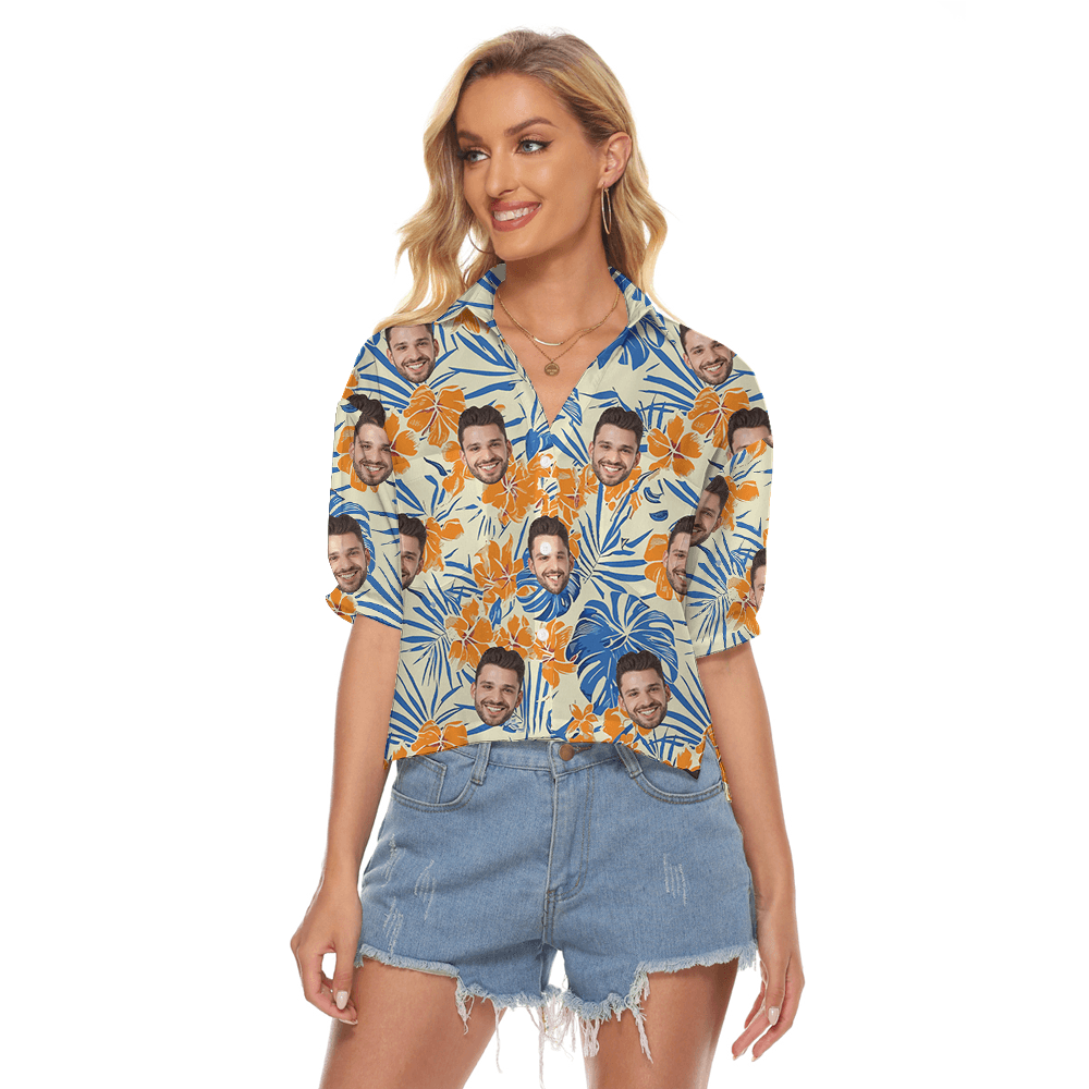 Custom Face Hibiscus Orange Hawaiian Cropped Shirt
