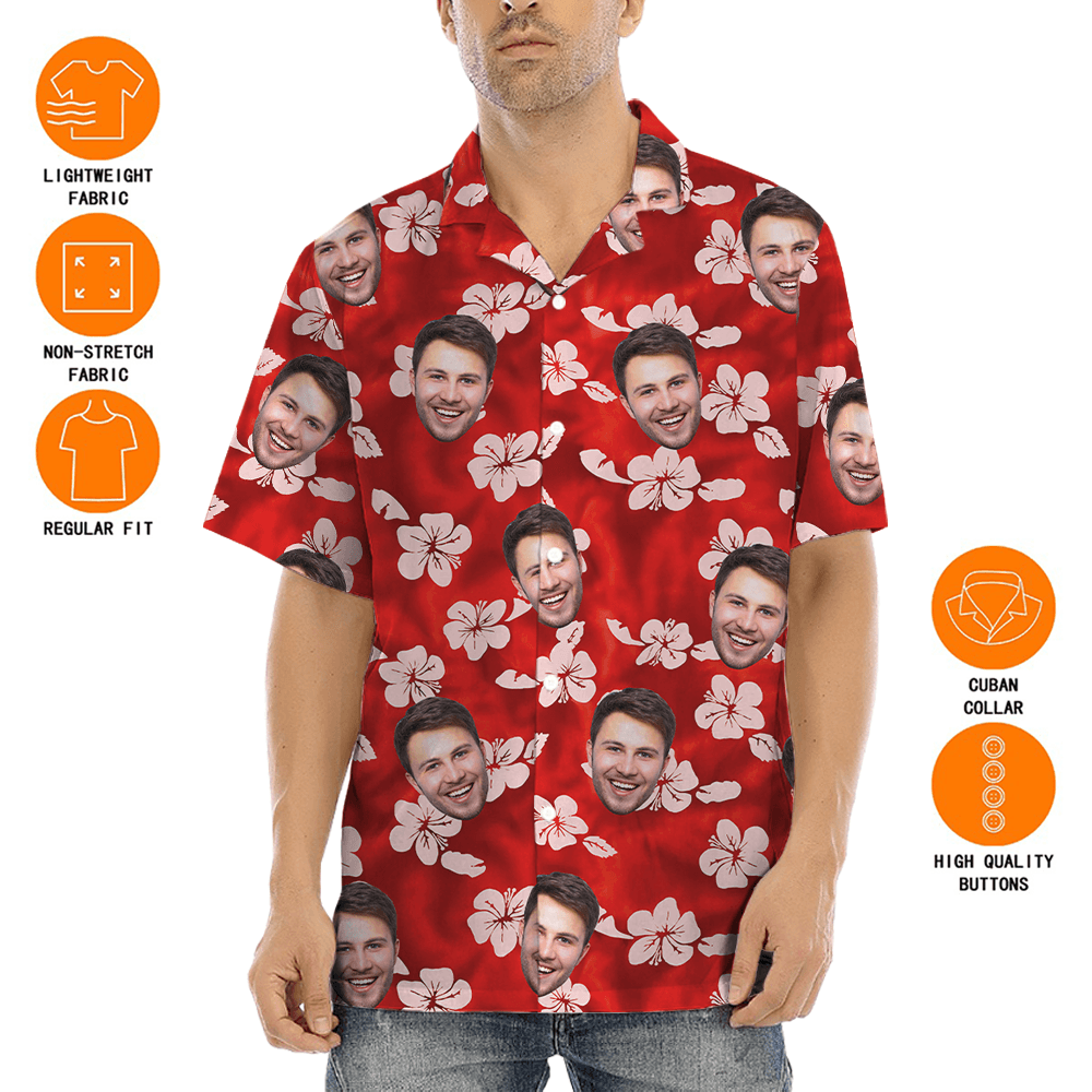Custom Face Hibiscus Red Hawaiian Button Shirt