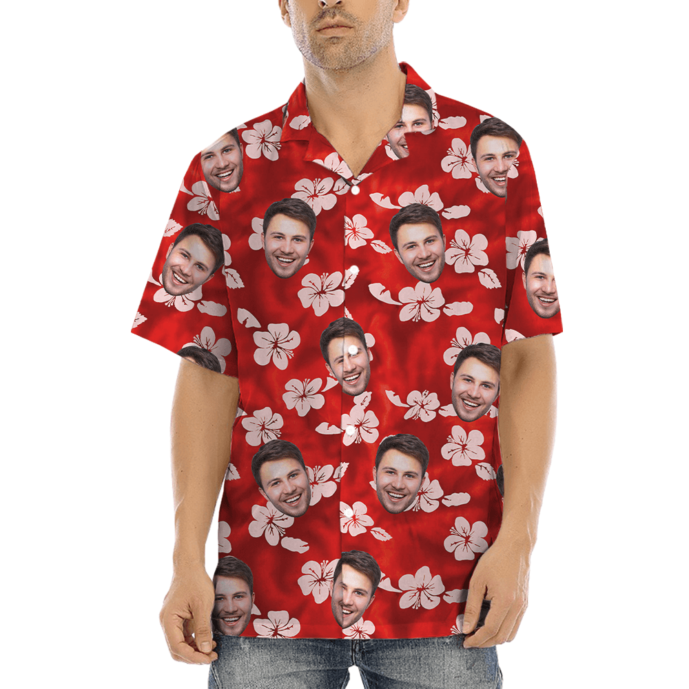 Custom Face Hibiscus Red Hawaiian Button Shirt (2)