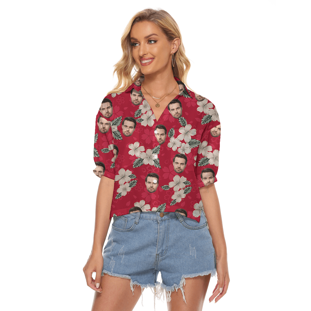 Custom Face Hibiscus Red Women's Cropped Shirt