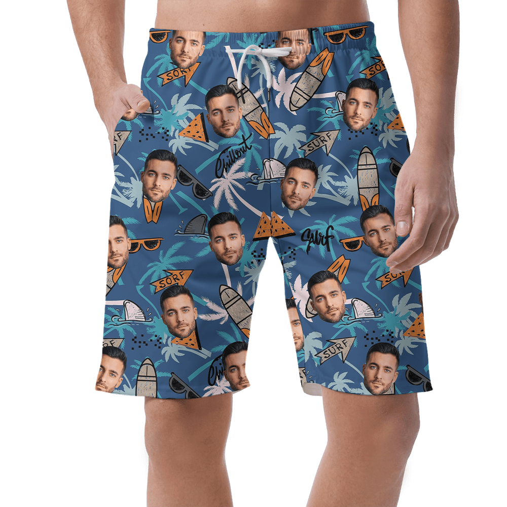 Custom Face Surfing Tropical Blue Beach Shorts