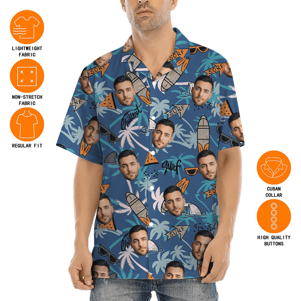 Custom Face Vintage Surfing Board Blue Hawaiian Shirt