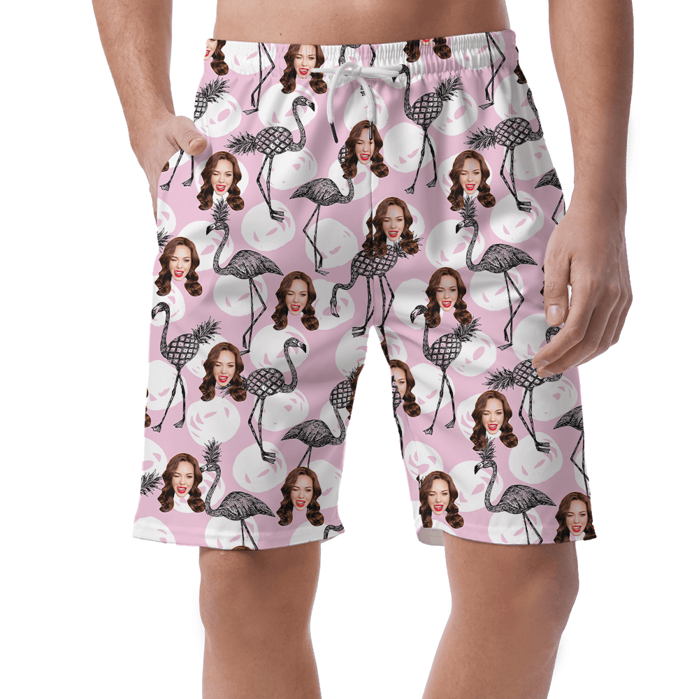Custom Flamingo Pink Beach Shorts With Faces