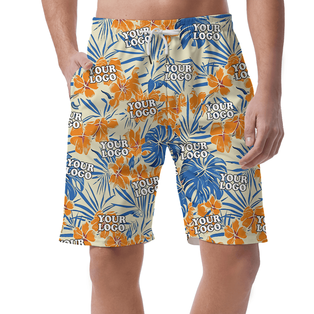 Custom Floral Orange Beach Shorts With Company Logo