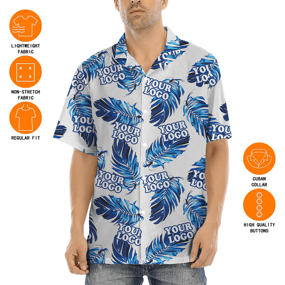 Custom Logo Blue Leave Patterns Hawaiian Shirt