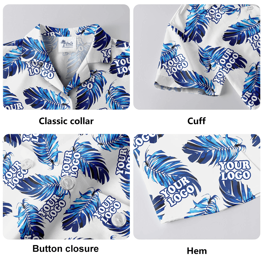Custom Logo Blue Leave Patterns Hawaiian Shirt