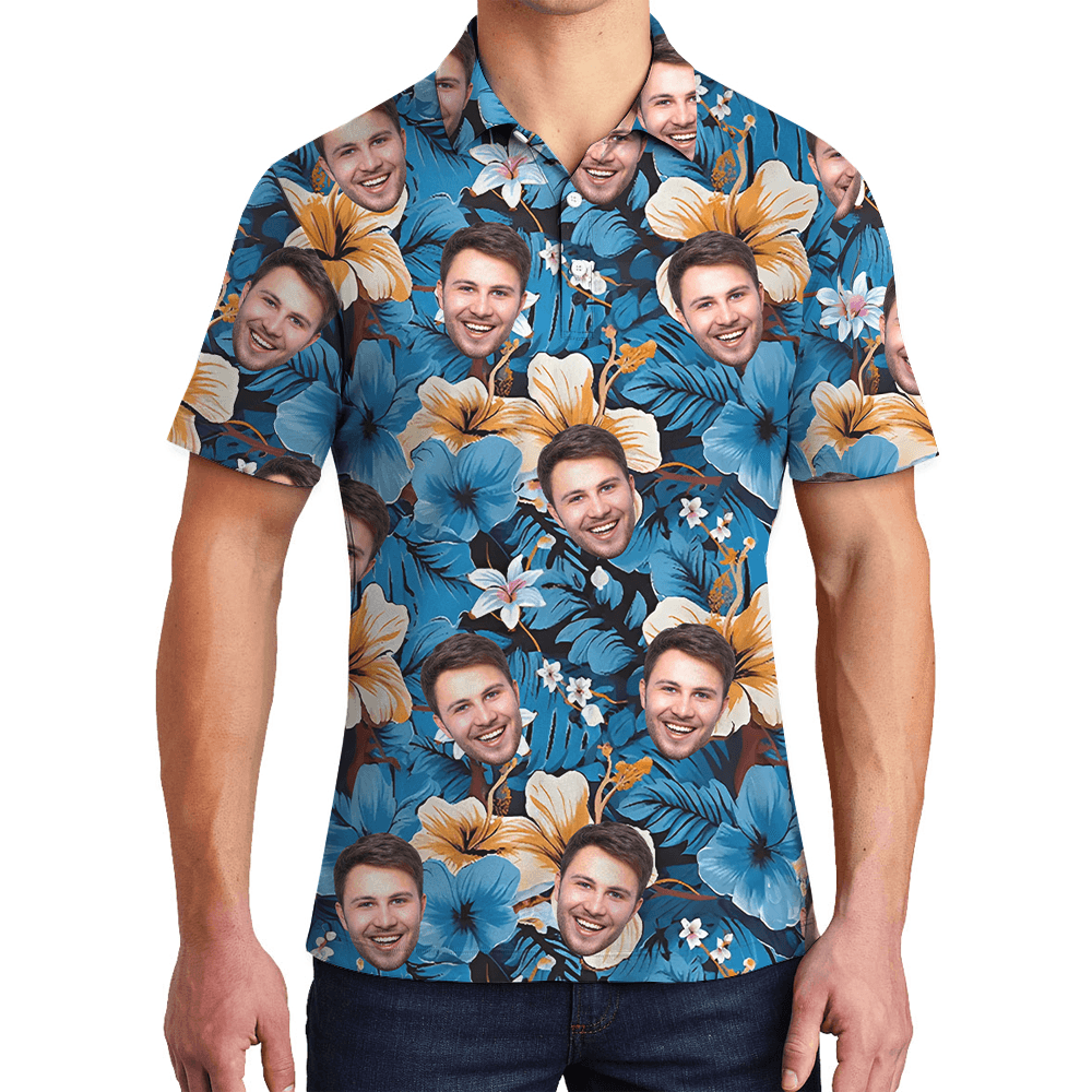 Custom Multiple Faces Blue Floral Polo Golf Shirt