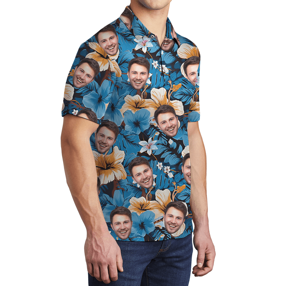 Custom Multiple Faces Blue Floral Polo Golf Shirt