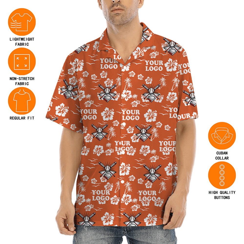 Custom Team Logo Baseball Floral Orange Hawaiian Shirt