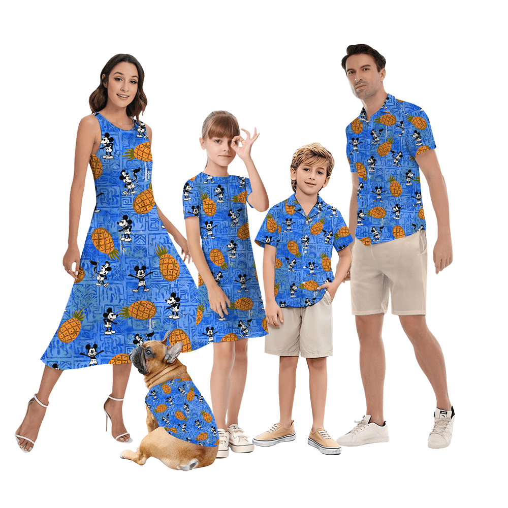 Cute Mickey Steamboat Willie Pineapple Vintage Matching Hawaiian Outfits For Family