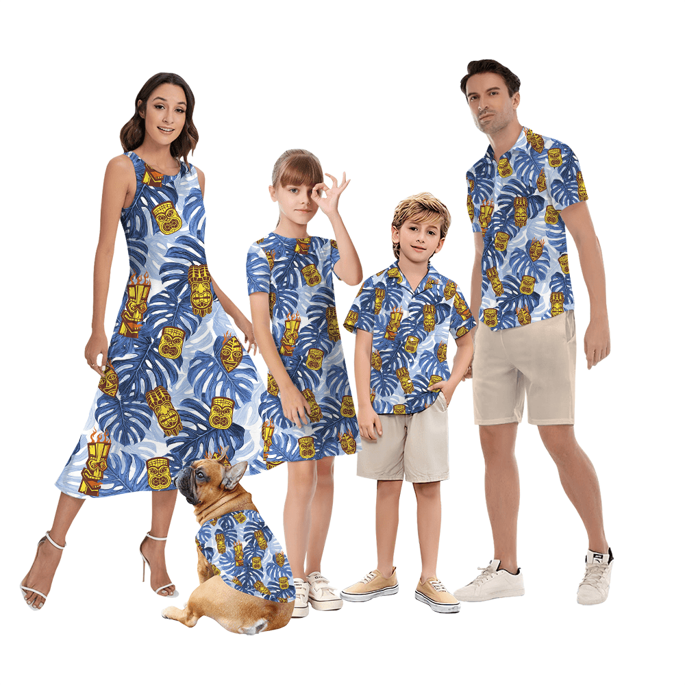 Cute Tiki Tropical Blue Matching Family Hawaiian Outfits