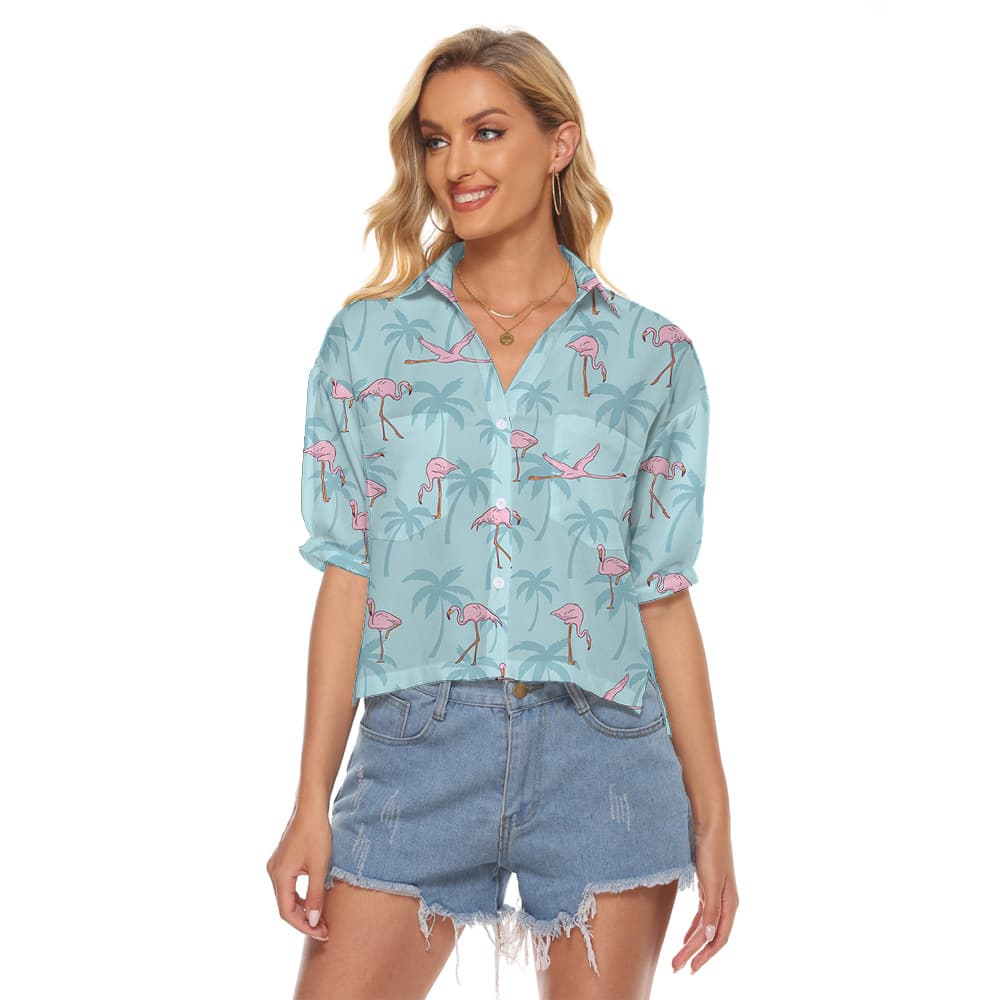 Flying Flamingo Light Blue Hawaiian Cropped Shirt1