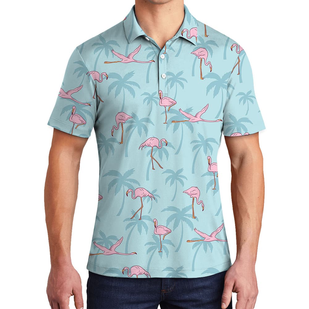 Flying Flamingo Light Blue Hawaiian Polo Shirt for Men1