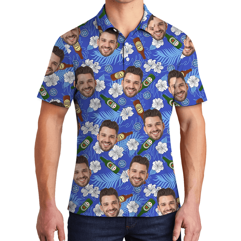 Funny Custom Face Beer Blue Hawaiian Polo Shirt