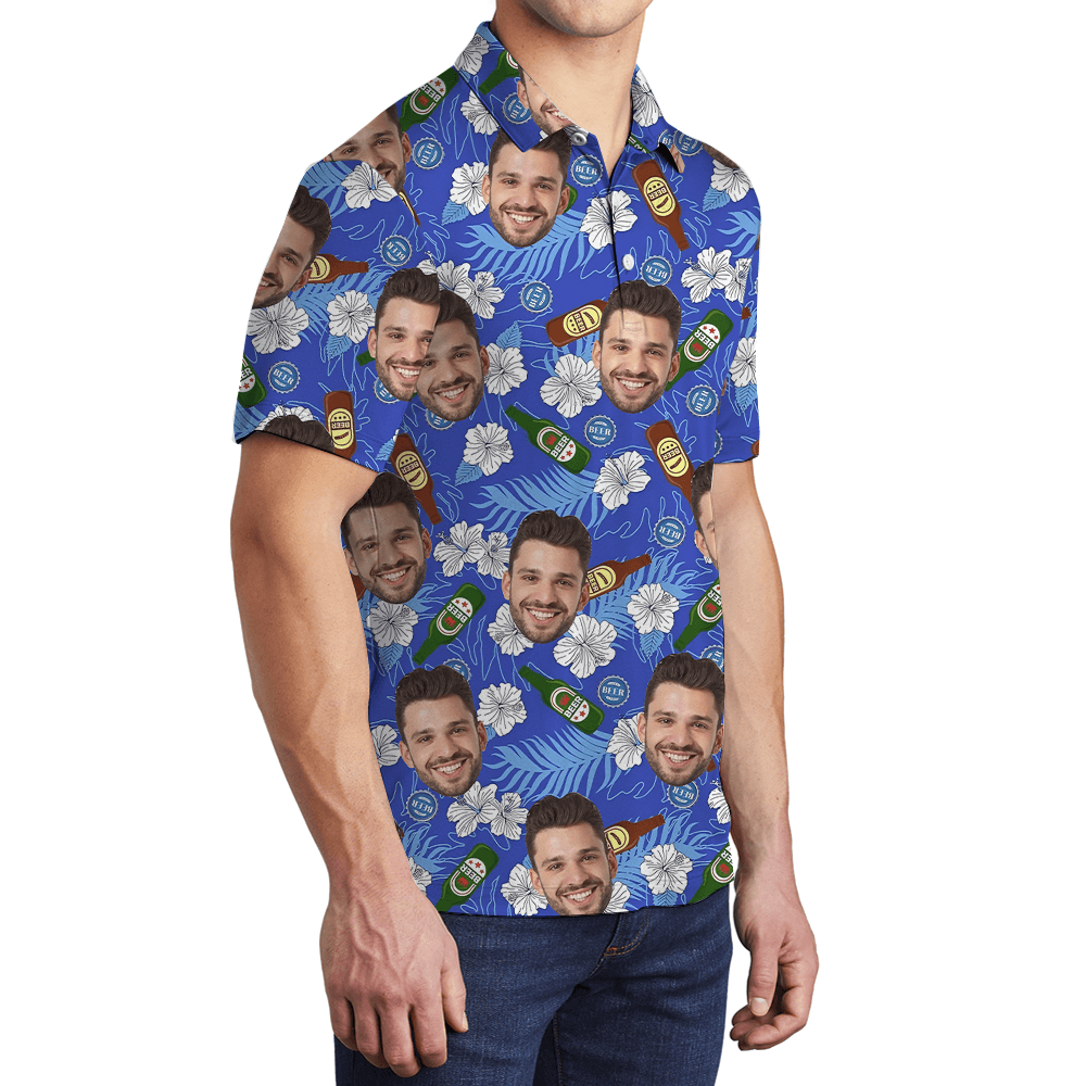 Funny Custom Face Beer Blue Hawaiian Polo Shirt