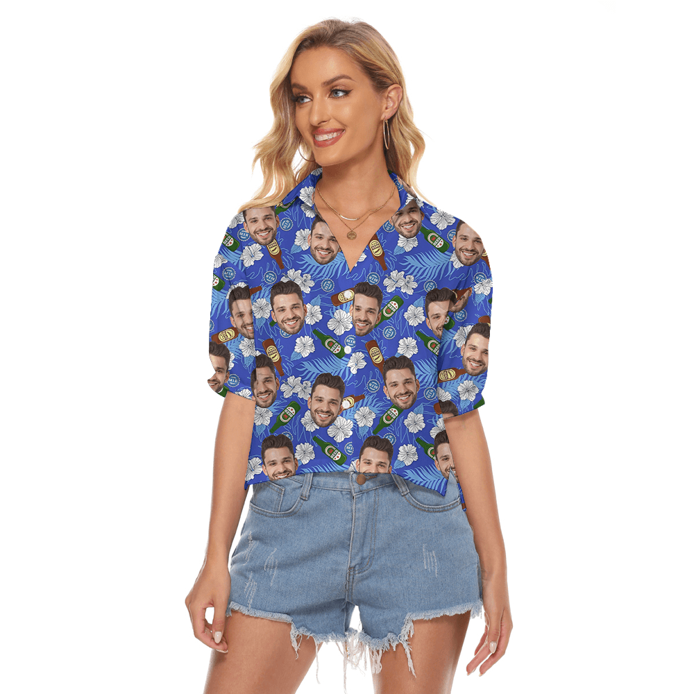 Funny Custom Face Floral Beer Hawaiian Crop Top Shirt