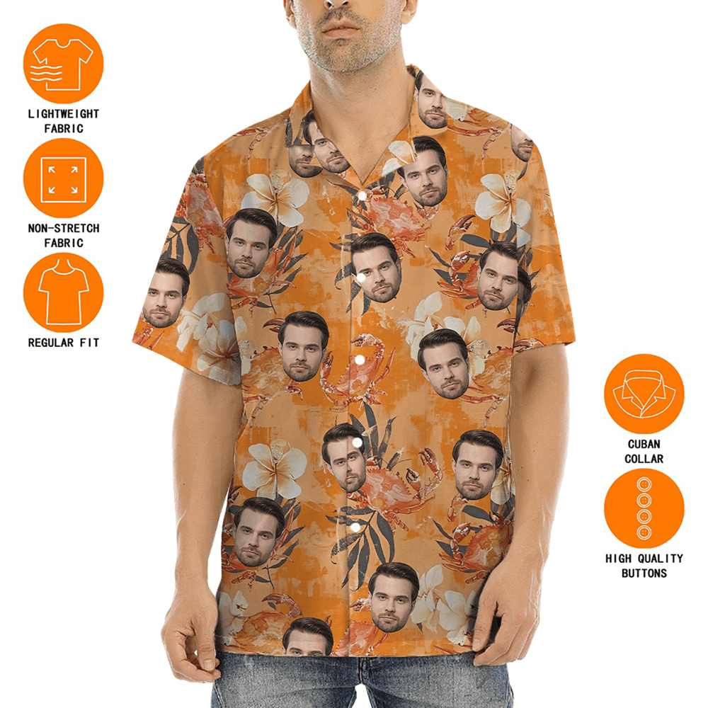 Funny Custom Face Floral Crab Orange Hawaiian Shirt