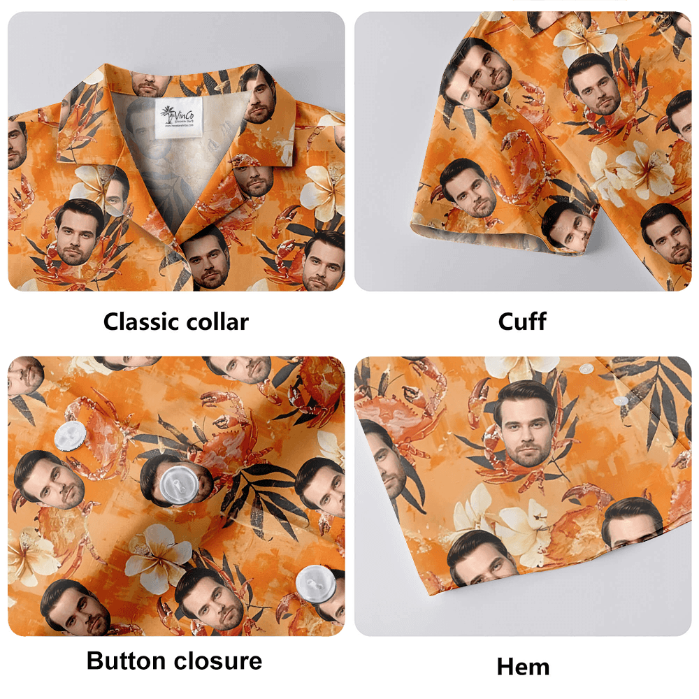 Funny Custom Face Floral Crab Orange Hawaiian Shirt