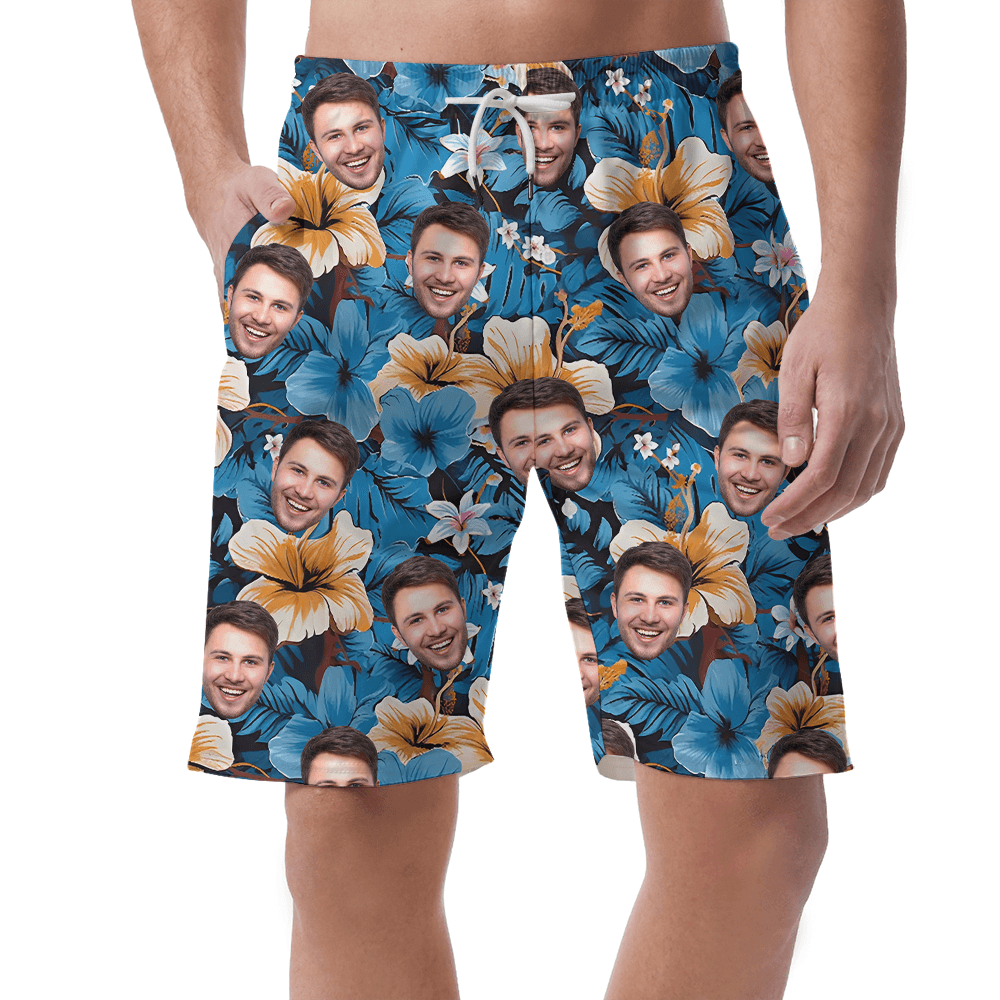 Funny Custom Face Hibiscus Blue Beach Shorts For Men