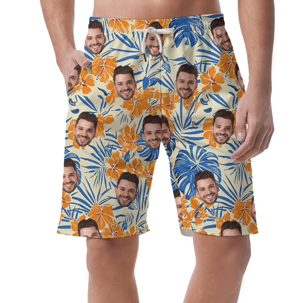 Funny Custom Face Orange Hibiscus Hawaiian Beach Shorts