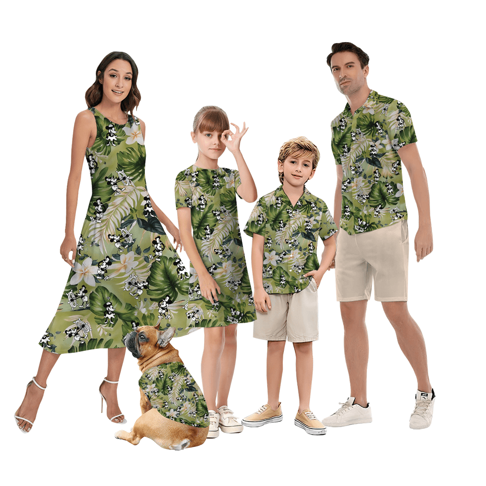 Green Floral Mickey Steamboat Willie Matching Hawaiian Outfits For Family