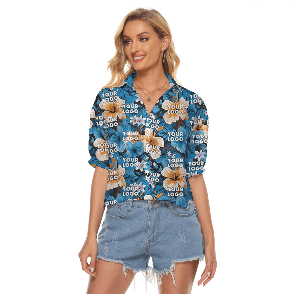 Hibiscus Blue Hawaiian Cropped Shirt With Custom Company Logo