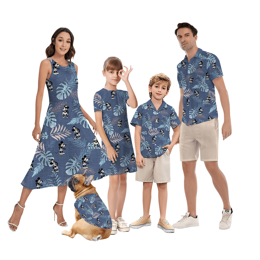 Navy Tropical Mickey Steamboat Willie Matching Family Hawaiian Outfits