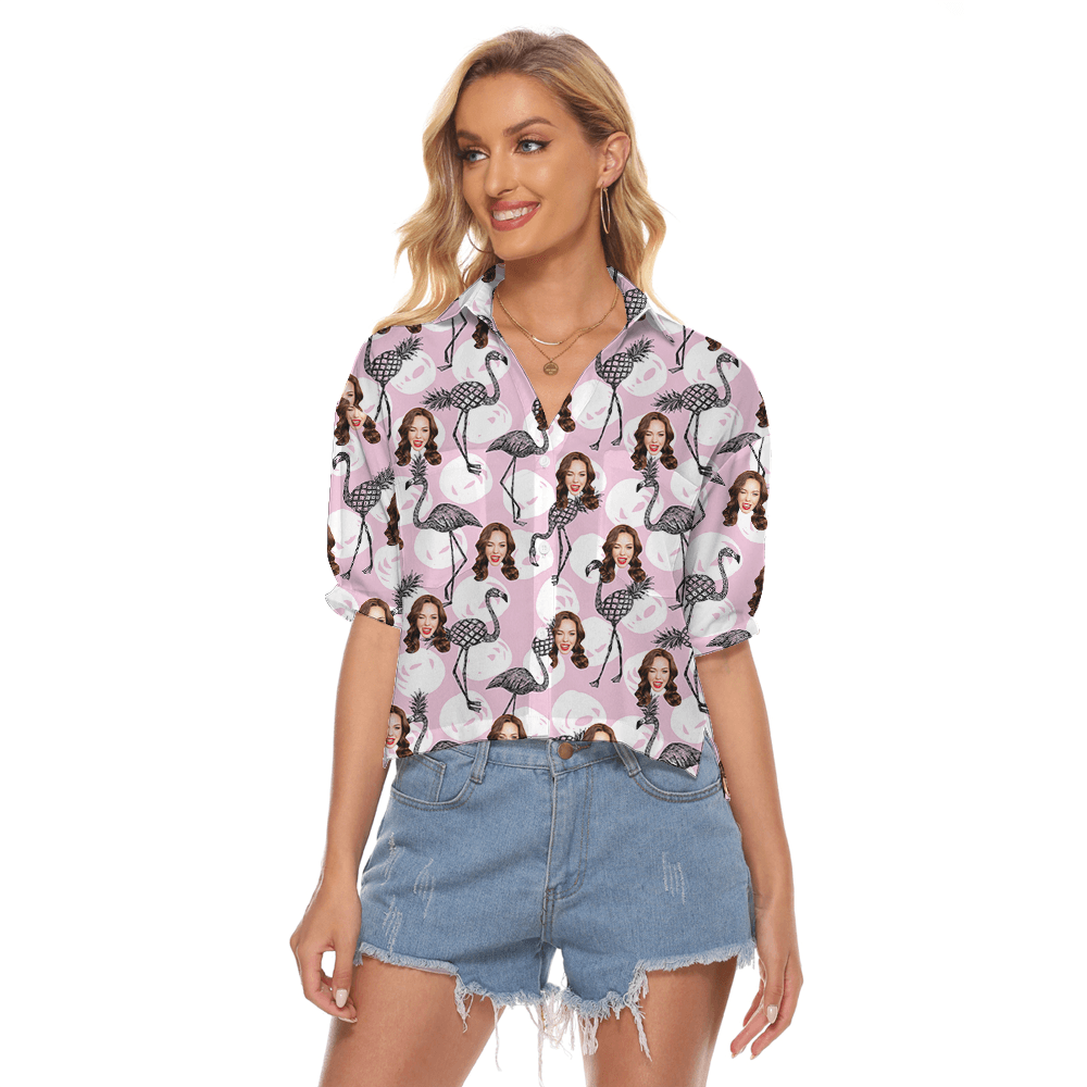 Pink Pineapple Flamingo Women's Cropped Shirt With Custom Face