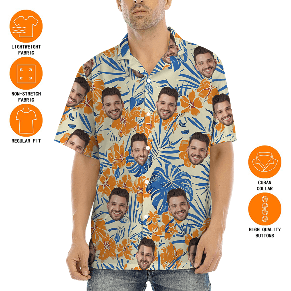 Vintage Floral Orange Hawaiian Shirt With Custom Face