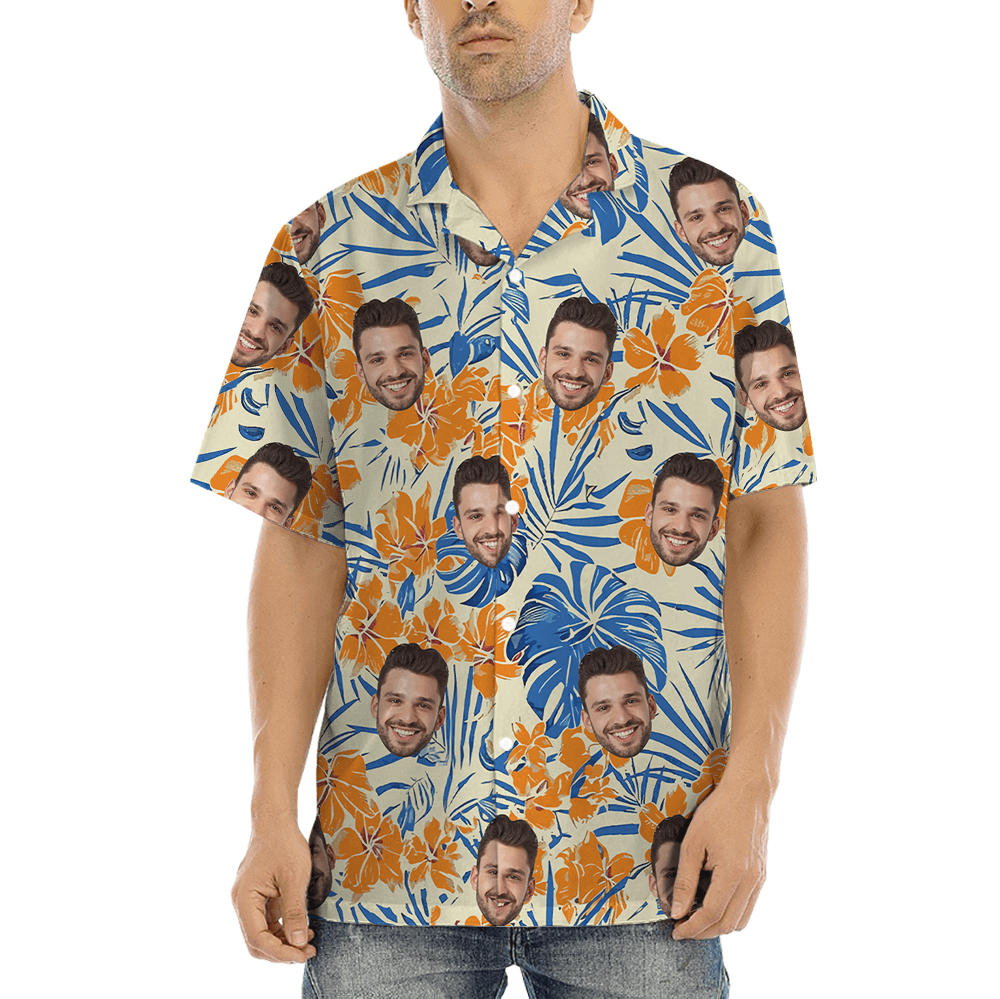 Vintage Floral Orange Hawaiian Shirt With Custom Face (2)