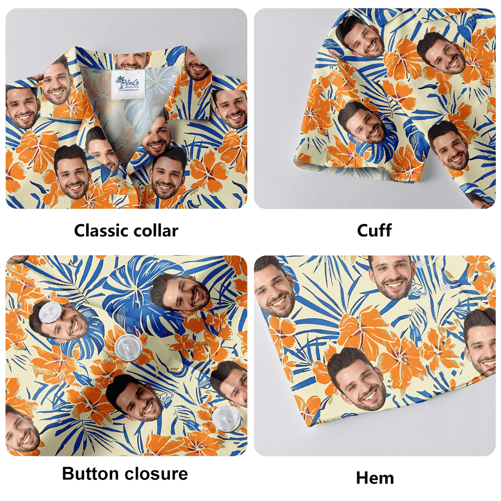 Vintage Floral Orange Hawaiian Shirt With Custom Face