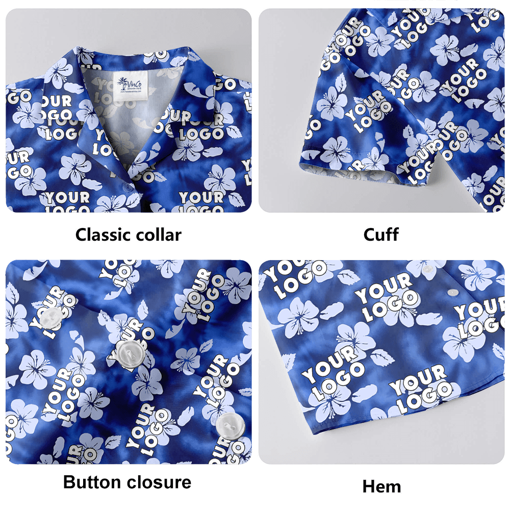 Vintage Hibiscus Blue Hawaiian Shirt With Custom Company Logo