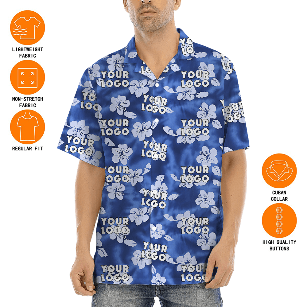 Vintage Hibiscus Blue Hawaiian Shirt With Custom Company Logo