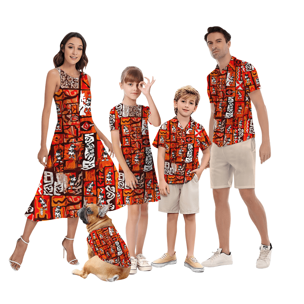 Vintage Mickey Steamboat Willie Orange Matching Hawaiian Outfits For Family