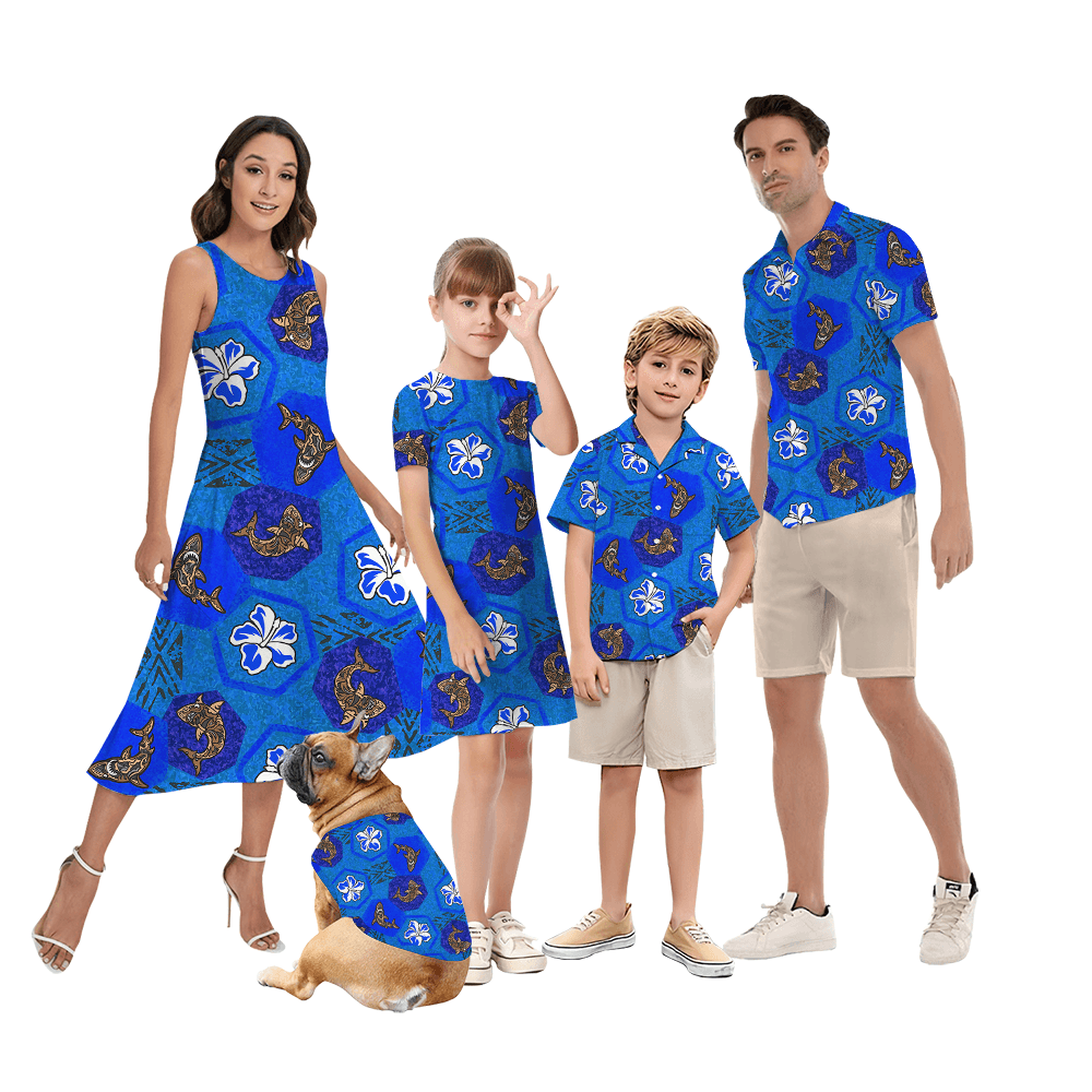Vintage Shark Navy Matching Hawaiian Outfits For Family