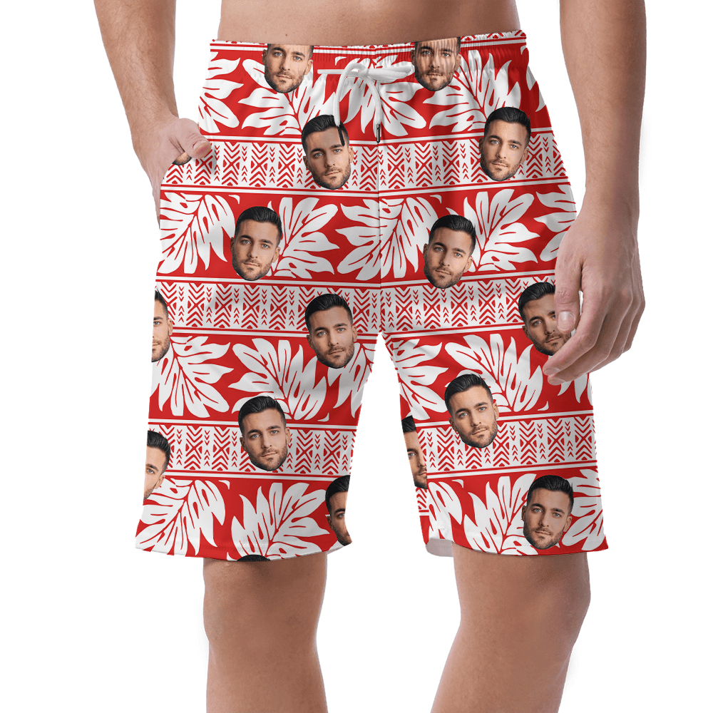 Classic Tropical Red Hawaiian Beach Shorts With Custom Face