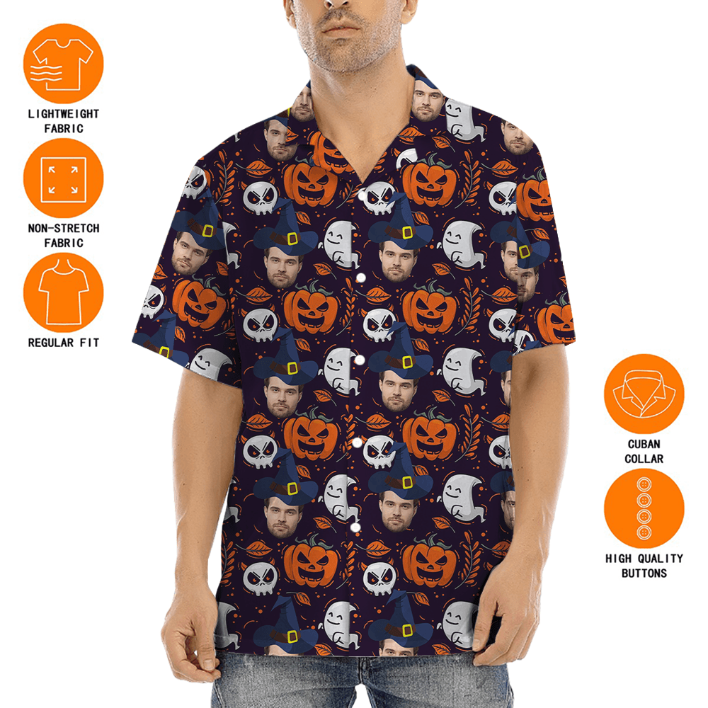Custom Face Halloween Ghost Pumpkin Hawaiian Shirt
