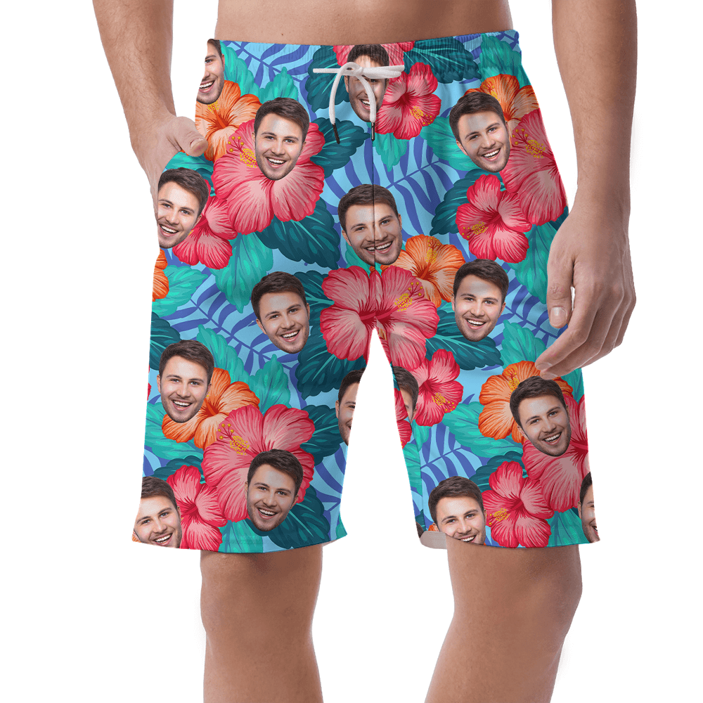 Custom Face Hibiscus Blue Men's Beach Shorts