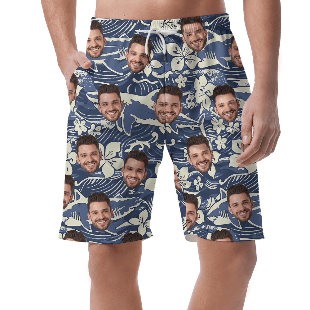 Custom Face Navy Shark Vintage Men's Beach Shorts