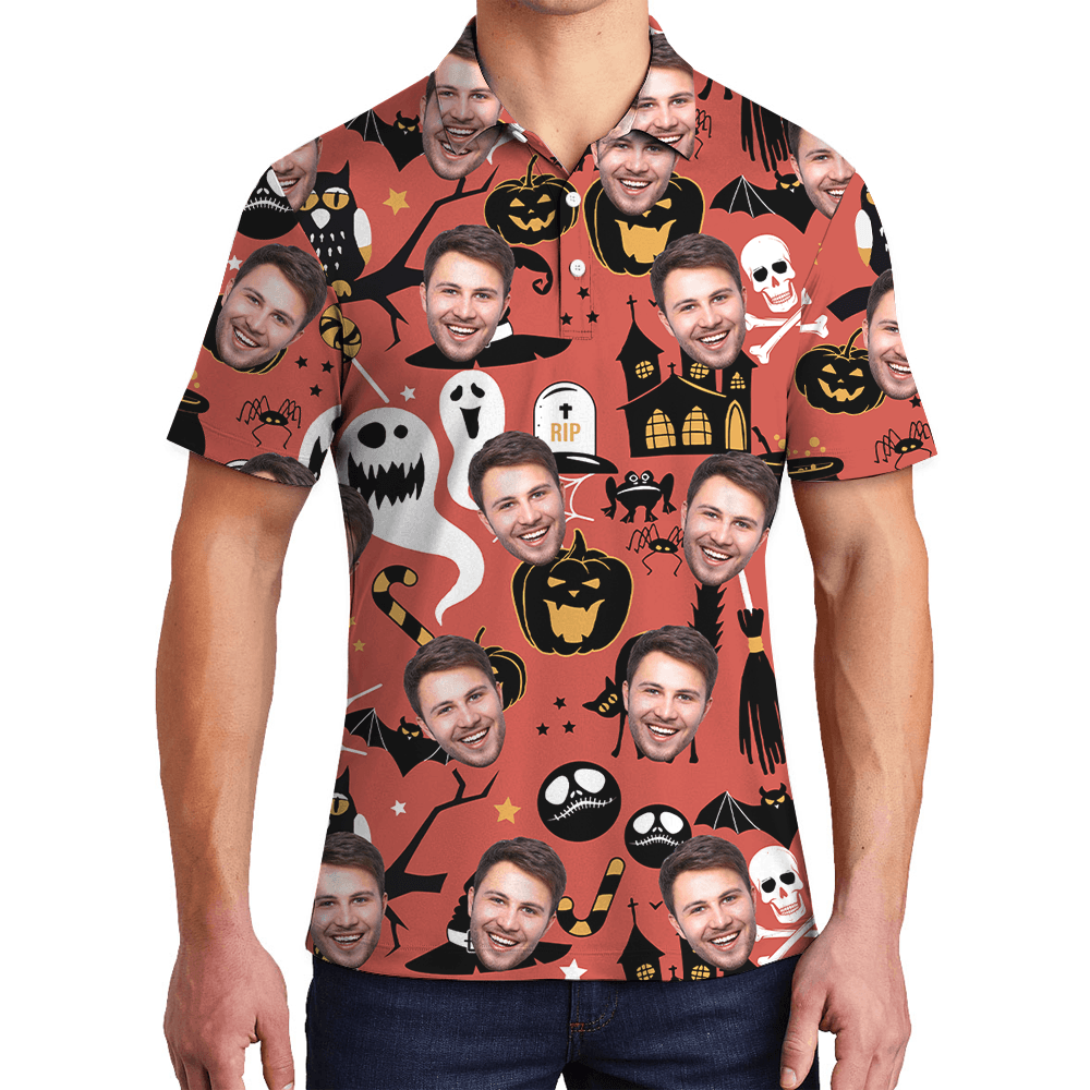 Custom Face Spooky Ghost Halloween Hawaiian Polo Shirt