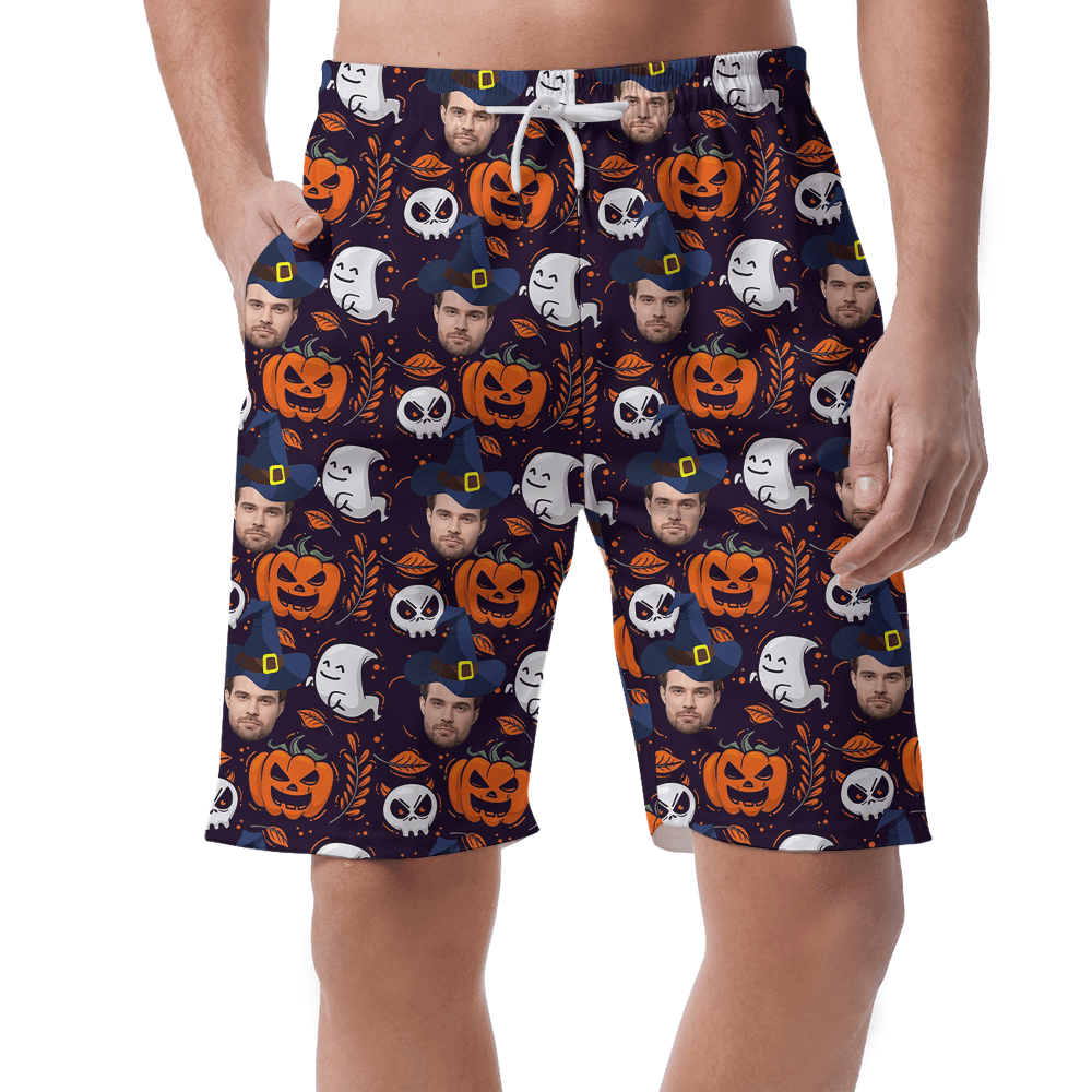 Custom Face With Witch Hat Halloween Beach Shorts