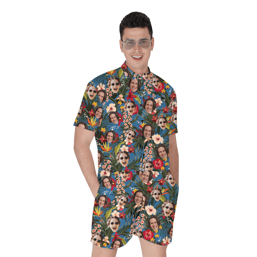 Floral Men's Romper With Custom Face