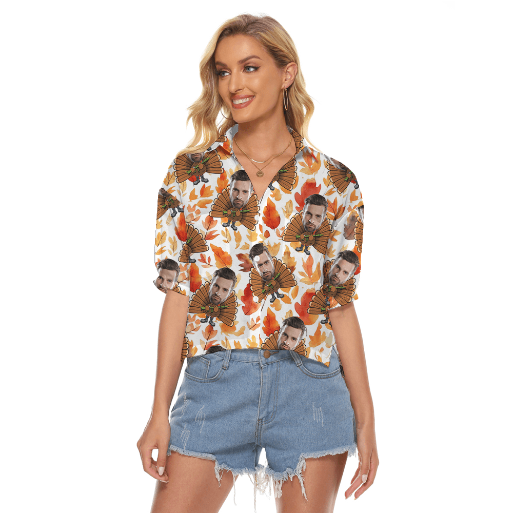 Funny Custom Face Turkey Tactical Thanksgiving Hawaiian Cropped Shirt