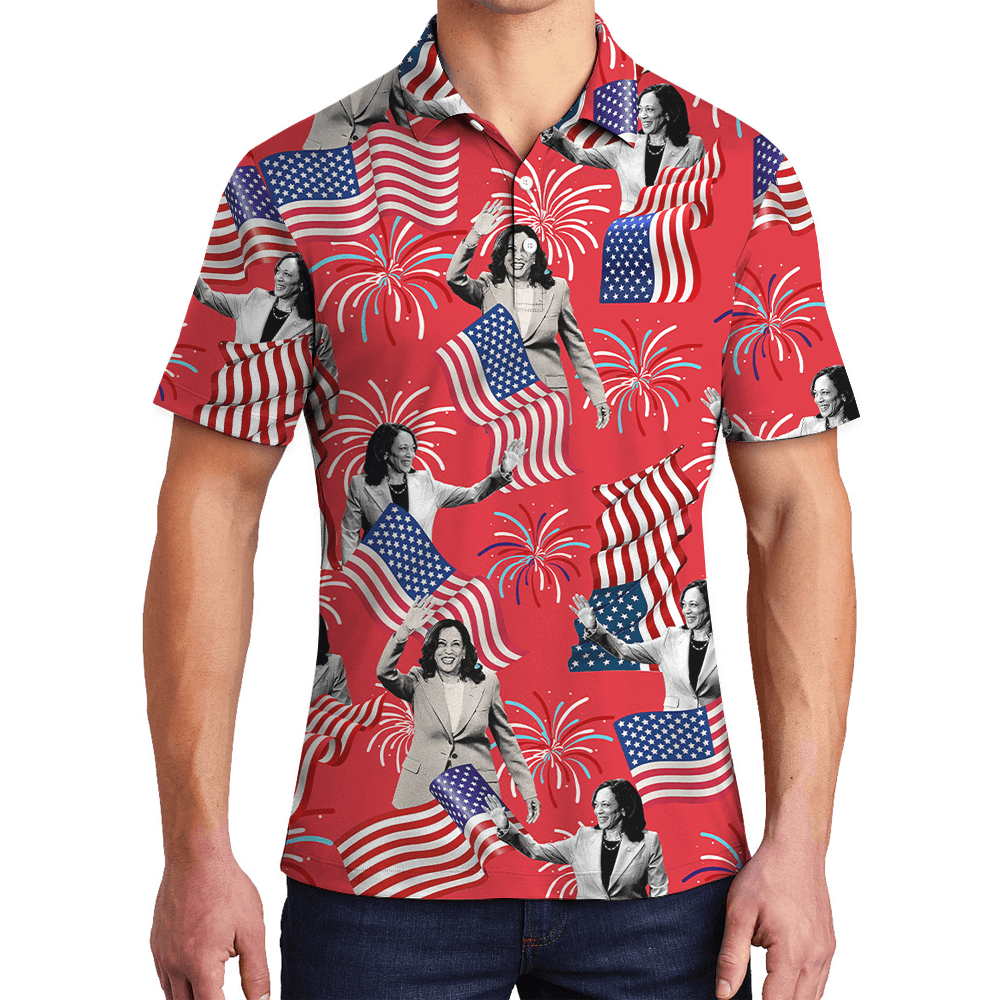 Kamala Harris American Flag Hawaiian Polo Shirt