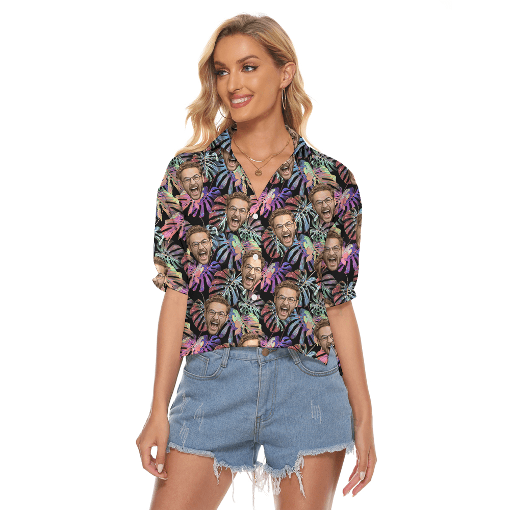 Purple Tropical Hawaiian Crop Top Shirt With Custom Face
