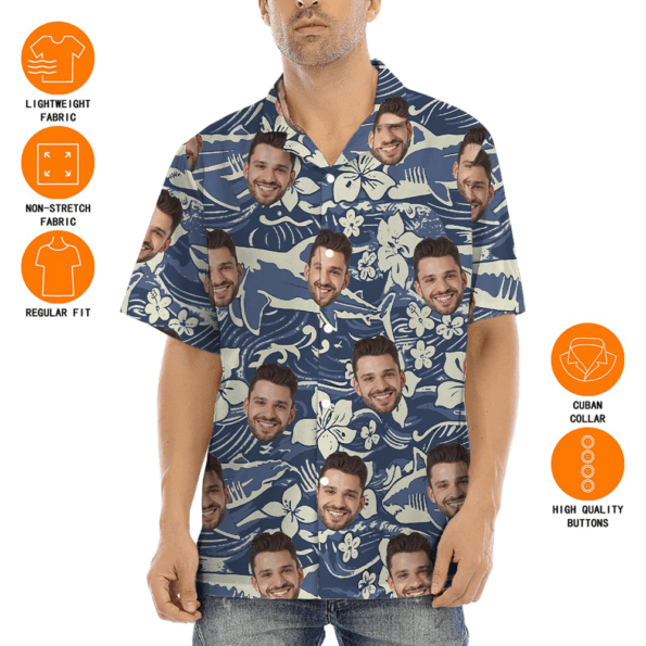 Vintage Navy Shark Hawaiian Shirt With Custom Face