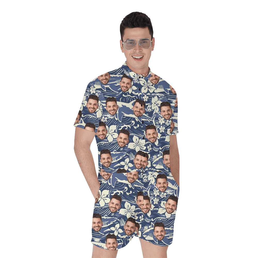 Vintage Shark Navy Romper With Custom Face